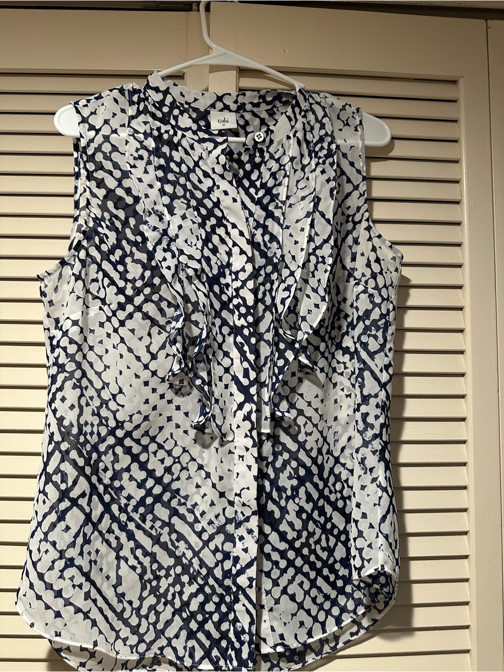 CAbi Navy & White Ruffle Front Sleeveless Blouse